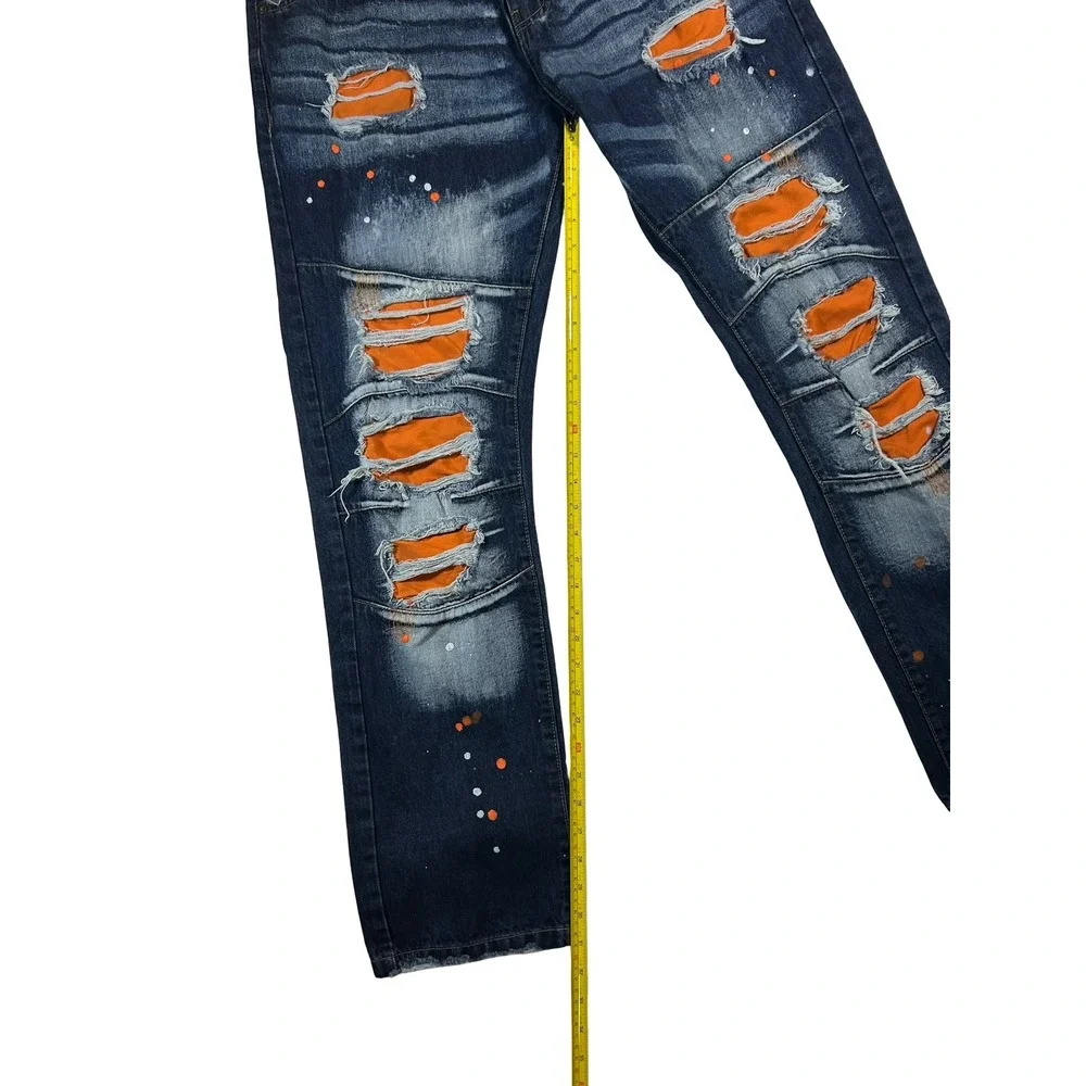 Arketype Mens Distressed Orange Patch Paint Splatter Jeans Dark Wash 38x34